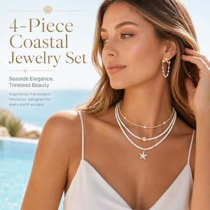 Sea Shell Necklace Set for Women, 3PCS Gold White Alloy Seashell Necklaces with 2PCS Matching Starfish Earrings, Ocean Inspired Beach Vacation Jewelry
