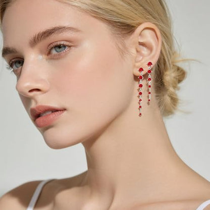 2 Pairs Long Diamond Dangle Tassel Earrings for Women | 14K Gold Silver Plated, Dainty Diamond Crystal Drop Earring, Small Cz Statement Dangly, for Wedding Bridesmaid, Jewelry Gifts - color: 2 Pairs Silver-Red