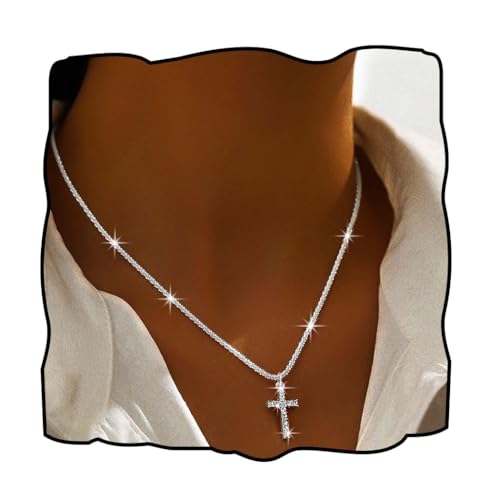 Layered Plated Silver Cross Necklace Sparkle Chain Dainty Jewelry for Women - color: D-Style
