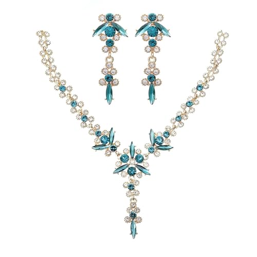Wedding Jewelry Sets for Brides Rhinestone Necklace and Earring Set Bracelet Ring Gold Silver Prom Jewelry Sets Diamond Flower Teardrop Necklace for Women - color: Style5-Blue