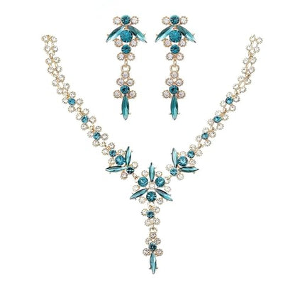 Wedding Jewelry Sets for Brides Rhinestone Necklace and Earring Set Bracelet Ring Gold Silver Prom Jewelry Sets Diamond Flower Teardrop Necklace for Women - color: Style5-Blue