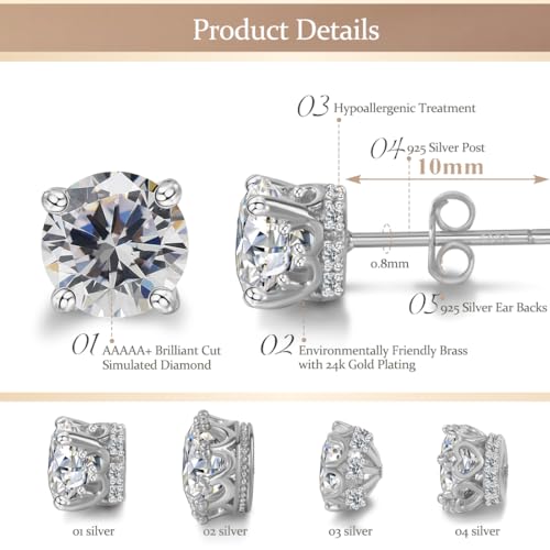 Hypoallergenic Cubic Zirconia Stud Earrings for Women & Men 24K Gold Plated Sterling Silver Post, CZ Simulated Diamond Halo Studs Sensitive Ear Friendly Gift (ED-31) - color: White Gold 01
