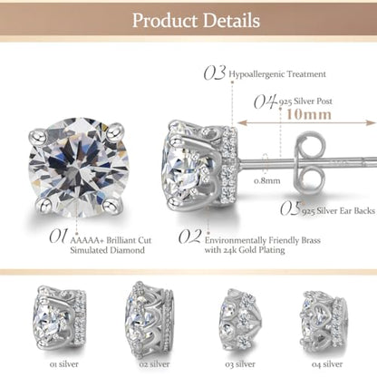 Hypoallergenic Cubic Zirconia Stud Earrings for Women & Men 24K Gold Plated Sterling Silver Post, CZ Simulated Diamond Halo Studs Sensitive Ear Friendly Gift (ED-31) - color: White Gold 01