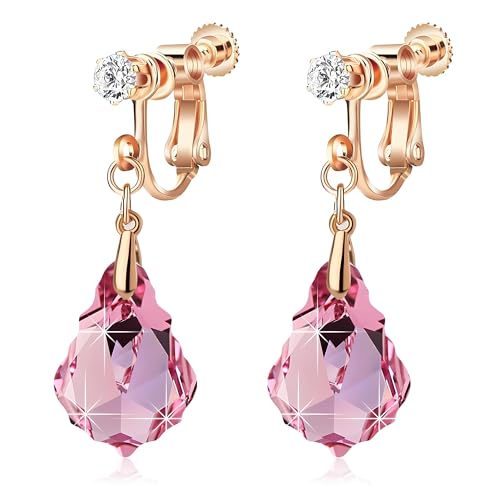 Austrian Crystal Baroque Drop Clip On Dangle Earrings for Women Non Pierced 14K Rose Gold Plated Hypoallergenic Jewelry - color: Pink