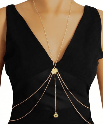 Gold Plated Body Chain for Women, Layered Bikini Waist Chain | Sexy Rhinestone Body Jewelry, Chest Belly Chain, Adjustable Fit, Crossover Design, Summer Beach Parties and Vacations - color: Gold11