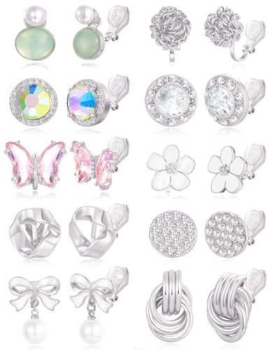 Tornito 10-15 Pairs Clip on Stud Earrings Non Pierced Teardrop Round Square CZ Pearl Twist Knot Flower Butterfly Heart Star Rainbow Cat Opal Clip on Earrings for Women - color: J:10 Pairs Silver Tone