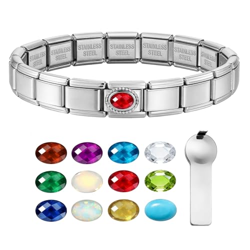 GEMOSA Birthstone Italian Charm Bracelet - 18 Links 9mm x 10mm Stainless Steel Base Bracelet with Birthstone Charm & Link Opener Tool, Polished Silver Finish Jewelry Gift Box Set for Women - color: 07-Jul-Ruby