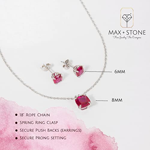 MAX + STONE 14k Gold Plated or Sterling Silver Cushion Cut Gemstone Stud Earrings and Pendant Necklace for Women with 6mm and 8mm Birthstones 18 Inch Chain and Push Backs Jewelry Set - style: Sterling Silver|Created Ruby
