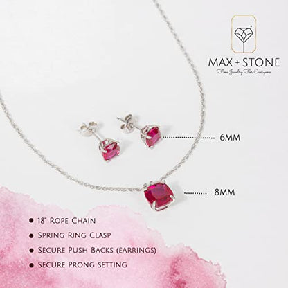 MAX + STONE 14k Gold Plated or Sterling Silver Cushion Cut Gemstone Stud Earrings and Pendant Necklace for Women with 6mm and 8mm Birthstones 18 Inch Chain and Push Backs Jewelry Set - style: Sterling Silver|Created Ruby