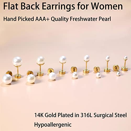 Dainty Flat Back Pearl Earrings for Women, 6 Pairs Flatback Pearl Earrings in 14K Gold Silver 3-8MM Studs Earring Sets for Multiple Piercing Hypoallergenic - style: 14K Gold - 3mm/4mm/5mm/6mm/7mm/8mm Pearl Earrings