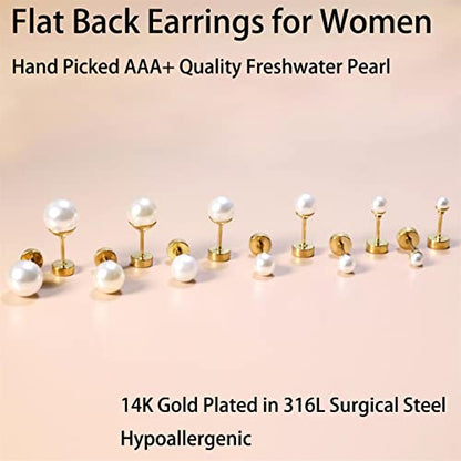 Dainty Flat Back Pearl Earrings for Women, 6 Pairs Flatback Pearl Earrings in 14K Gold Silver 3-8MM Studs Earring Sets for Multiple Piercing Hypoallergenic - style: 14K Gold - 3mm/4mm/5mm/6mm/7mm/8mm Pearl Earrings