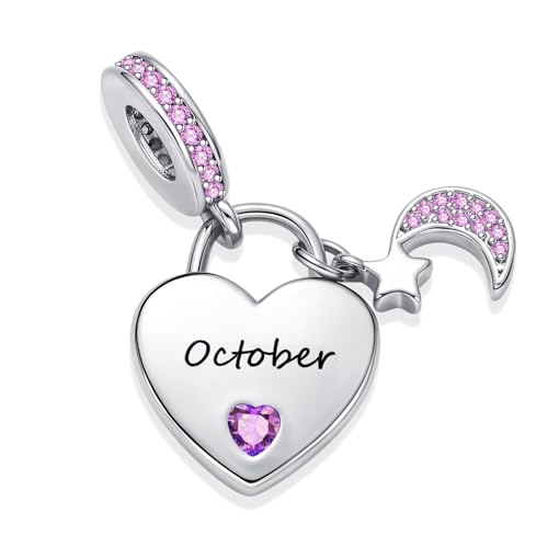 12 Months Birthstone Heart Charm Moon and Star Pendant Bead Compatible with Pandora Bracelet Women - style: October