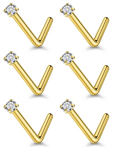 6Pcs Nose Rings Studs Surgical Steel L-Shape Nose Rings for Women 1.5mm Cubic Zirconia Nostril Screw Studs Hypoallergenic Nostril Piercings 24g 22g 20g - color: L-shape,goldtone, size: 20g,1.5mm CZ