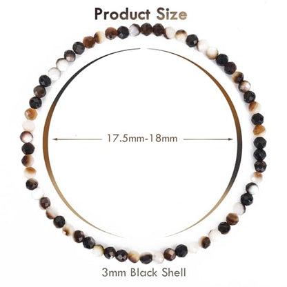 BONNY BOXX Natural Genuine Gemstone Faceted Round Beads Bracelets, 3mm Adjustable Stretchy Tiny Faceted Black Tourmaline Bracelet, Healing Crystal Reiki Chakra Dainty Jewelry Fashion Gifts - color: Black Shell