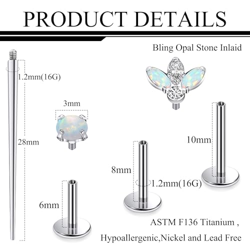 Titanium Flat Back Lip Rings Internally Threaded Earrings Studs Nose Rings 16G Opal CZ Tragus Cartilage Lobe Rook Helix Conch Labret Medusa Piercing Jewelry for Women Men W Piercing Taper Set - style: Four Opal