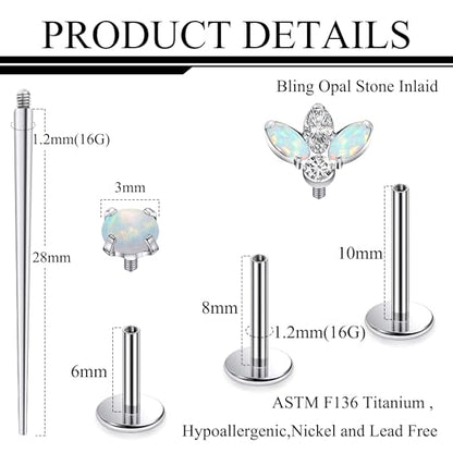 Titanium Flat Back Lip Rings Internally Threaded Earrings Studs Nose Rings 16G Opal CZ Tragus Cartilage Lobe Rook Helix Conch Labret Medusa Piercing Jewelry for Women Men W Piercing Taper Set - style: Four Opal
