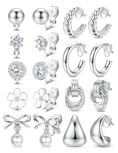 LOLIAS Clip On Earrings for Women 14K Gold Plated Clip Earrings Non Pierced | Hypoallergenic Ears Clips CZ Pearl Knot Twist Chunky Hoop and Studs Earring Set Lightweight Fake Earings Jewelry - style: 9Pairs-Silver Plated