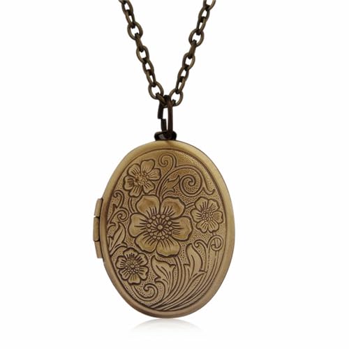 Engraved Flower Empaistic Geometric Photo Locket Necklace Gold Silver Plated Vintage Antiqued Carved Pattern Oval Round Hold Pictures Pendant Necklace for Men Women Souvenir Memorial Fashion Jewelry Gifts - color: Bronze color