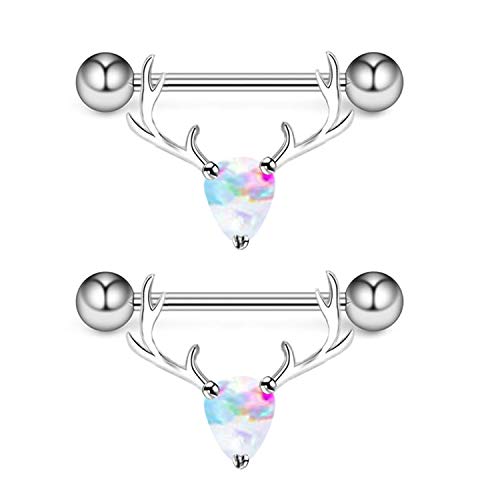 2PCS 14G 316L Stainless Steel Opal Nipple Rings Deer Head Nipple Barbell Nipple Piercings Jewelry for Women - color: silver