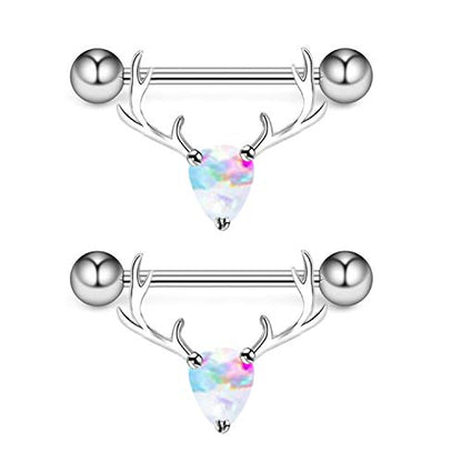 2PCS 14G 316L Stainless Steel Opal Nipple Rings Deer Head Nipple Barbell Nipple Piercings Jewelry for Women - color: silver