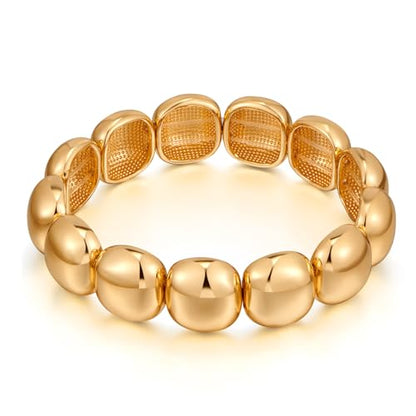 NIKOLUX Chunky Bangle Bracelet for Women Gold Square Minimalist Stretch Bracelet 14K Gold Plated Stretchable Elastic Bangles Hypoallergenic Bohemian Stackable