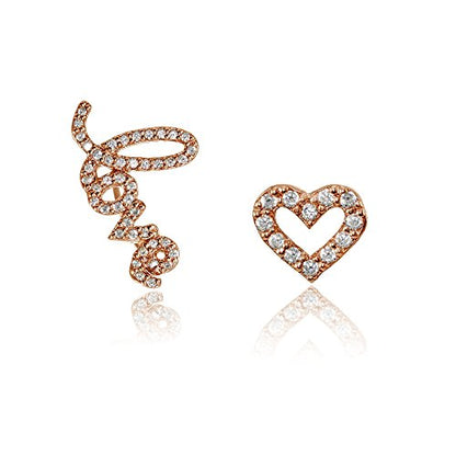 Hoops & Loops 925 Sterling Silver Cubic Zirconia Heart Stud & LOVE Climber Crawler Earrings Set for Women, 2 Pairs Silver, Yellow & Rose Gold - color: Rose Gold