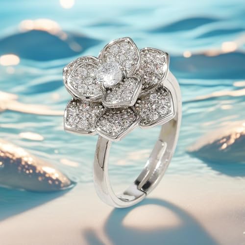 Crystal Rose Flower Spinner Fidget Open Statement Ring for Women CZ Floral Rotated Relief Anxiety Stacking Finger Rings Wedding Engagement Promise Bands Dainty Birthday Jewelry for Adjustable - color: Silver
