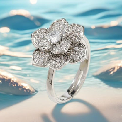 Crystal Rose Flower Spinner Fidget Open Statement Ring for Women CZ Floral Rotated Relief Anxiety Stacking Finger Rings Wedding Engagement Promise Bands Dainty Birthday Jewelry for Adjustable - color: Silver