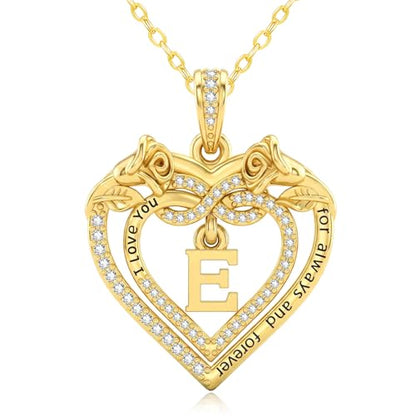 14K Gold Initial Letter Rose Heart Pendant Necklace for Women, Anniversary Birthday Jewelry Gifts for Wife Mom Grandma Sister Daughter, I Love You for Always And Forever - style: 14K Gold-E