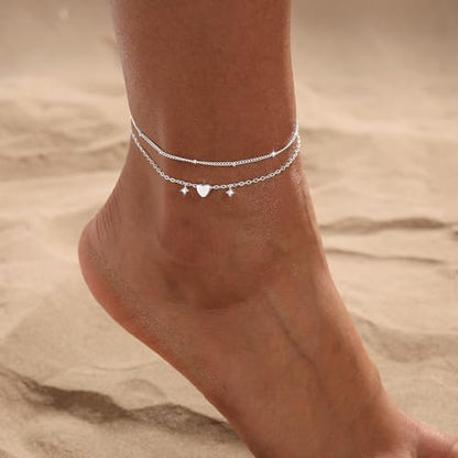 Ankle Bracelets for Women 14K Gold/Silver Plated Cross Heart Bead Anklet Waterproof Adjustable Chain Non Tarnish Cute Boho Trendy Dainty Summer Beach Foot Jewelry Gift for Her - style: 2 Layered Bead&Heart-SL