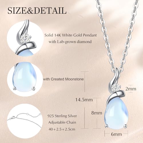 FANCIME 14K Solid White Gold Birthstone Pendant Necklace for Women with Diamond Pear Shaped Teardrop Necklace Birthday Gifts for Mom Women,Sterling Silver Chain 16" + 2" Extender - color: 06-Moonstone