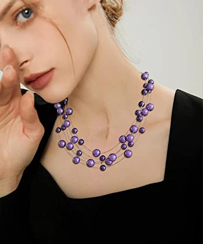 FULU AUTUMN Layered Pearl Necklace Multi-strand Pearl Choker Necklaces for Women Beaded jewelry for Wedding Parties - color: Purple