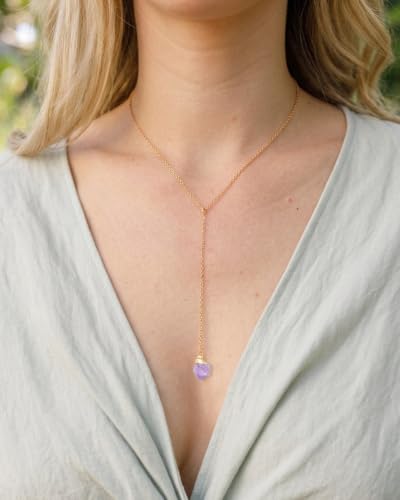 Lariat Necklace for Women Dainty Gold Long Crystal Drop Y-Shaped Necklace | 14k Gold Plated Crystal Drop Necklace Trendy Non Tarnish Simple Gold Jewelry For Wedding, Prom, Daily - color: Amethyst