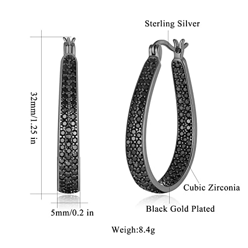 925 Sterling Silver Post Hoop Earrings for Women Gilrs Multcolors Cubic Zircon Hoops 14K Gold Plated Oval Chunky Hoop Earrings Jewelry Gift for Mothers Day/July 4th/Wedding/Party/Christmas - color: Black