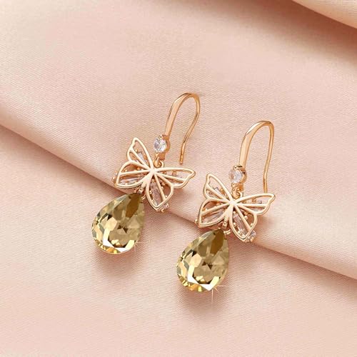 Austrian Crystal Teardrop Butterfly Drop Dangle Earrings for Women 14K Rose Gold Plated Hypoallergenic Jewelry - color: Light Topaz
