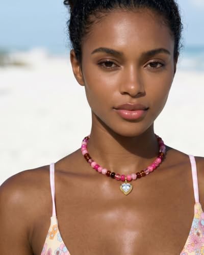 Boho Beaded Choker Necklaces for Women with A Gold Heart CZ - color: Pink