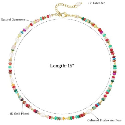 KissYan Beaded Choker Necklace for Women, Colorful Natural Gemstones Pearl Choker 14K Gold Plated Pendant Healing Crystal Necklace Handmade Stone Jewelry Gift | 14K Gold Plated Pendant Necklaces, Natural Gemstones Pearl Choker, Healing Crystal Chain, Hand
