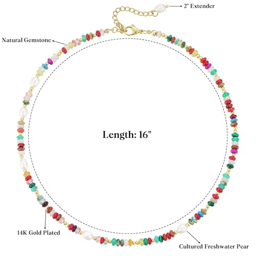 KissYan Beaded Choker Necklace for Women, Colorful Natural Gemstones Pearl Choker 14K Gold Plated Pendant Healing Crystal Necklace Handmade Stone Jewelry Gift | 14K Gold Plated Pendant Necklaces, Natural Gemstones Pearl Choker, Healing Crystal Chain, Hand