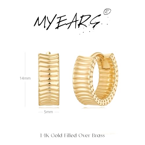 MYEARS Women Earrings Gold Huggie Hoop 14K Small Simple Hypoallergenic Everyday Jewelry - style: Frill Trough Band