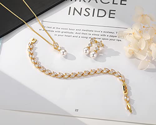 Wedding Jewelry for Bride Bridesmaid, Pearl Dangle Earrings and Pendant Necklace Set Bridal Jewelry for Promise Wedding Party - color: 2#Gold-1 Set-Necklace/Bracelet/Earrings