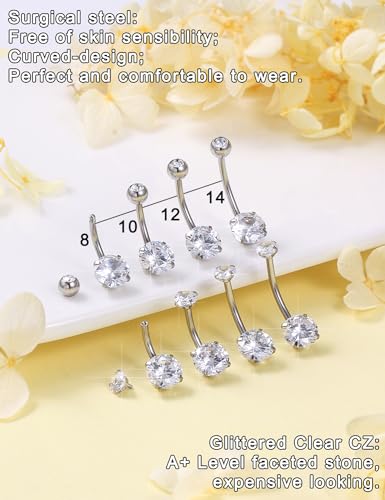 Long Belly Button Ring 6mm 8mm 10mm 12mm 14mm Surgical Stainless Steel Round Cubic Zirconia Navel Barbell Long Bar Belly Button Piercing Jewelry Silver, black, rose gold belly ring - color: 2pcs-10mm-White Belly ring Zircon+Diamond