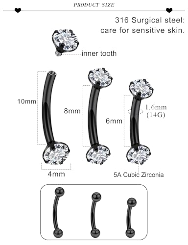 18G 16G 14G Eyebrow Ring Piercing Jewelry Surgical Steel Internal Thread Vertical Labret Lip Ring Rook Daith Earrings Belly Button Ring Piercing Jewelry for Women Men Silver Black Gold - color: Black, size: 14 Gauge