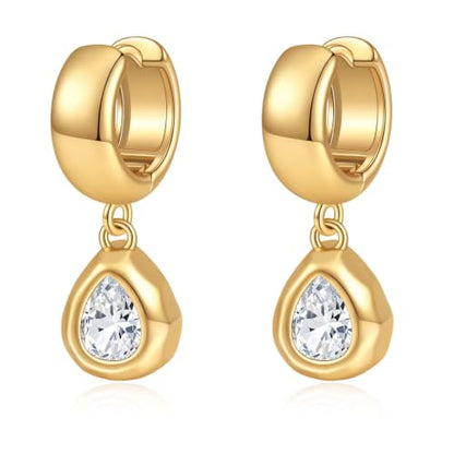 Gold Chunky Dangle Earrings for Women, Bezel Set Cubic Zirconia Charm | 14K Gold Silver Plated, Statement Huggie Hoops Drop Earrings, Trendy Jewelry Gifts, High Grade CZ, Hypoallergenic Lightweight - color: GD-Teardrop CZ Hoop