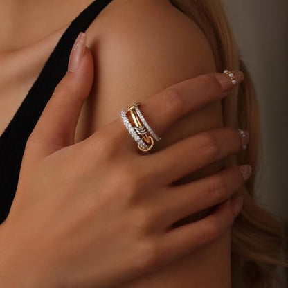 HERSIN Stackable Interlocked Rings for Women Non Tarnish, 18K Gold Plated Green Cubiz Zirconia Ring Chunky Rings Mixed Metal Multi Ring Dainty Stacking Rings Set Jewelry for Women Gifts