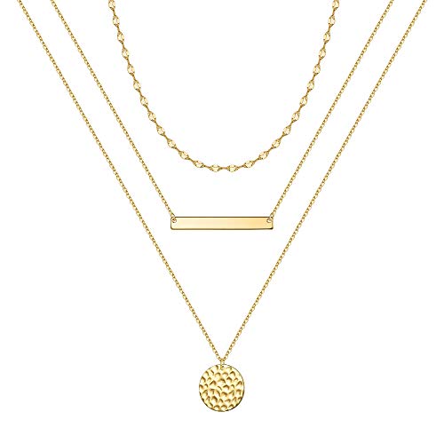 Turandoss Gold Layered Necklaces for Women - 14K Gold Plated Handmade Multilayer Bar Pearls Coin Disc Moon Butterfly Medallion Adjustable Dainty Layered Choker Necklaces for Women Jewelry - style: 3PCS - Link Chain&Bar&Hammered Disc