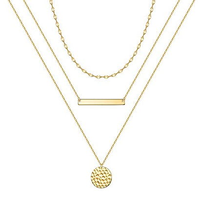 Turandoss Gold Layered Necklaces for Women - 14K Gold Plated Handmade Multilayer Bar Pearls Coin Disc Moon Butterfly Medallion Adjustable Dainty Layered Choker Necklaces for Women Jewelry - style: 3PCS - Link Chain&Bar&Hammered Disc