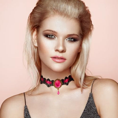 Lace Choker Witch Necklace for Women Halloween Gothic Lace Collar Punk Rhinestone Gothic Necklace Prom Jewelry Halloween Vampire Choker Necklace Costume Emo Witch Accessories - color: Pink