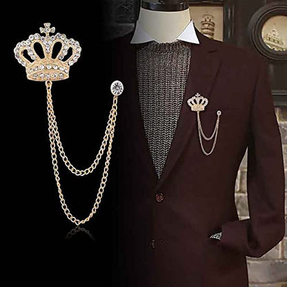Rhinestone Crown Long Chain Brooch.Gold Silver Tassel Brooch Pin,Retro Crystal Suit Pins Collar Coat Pin for Men's Accessories Pin Husband Gifts - color: Gold 2