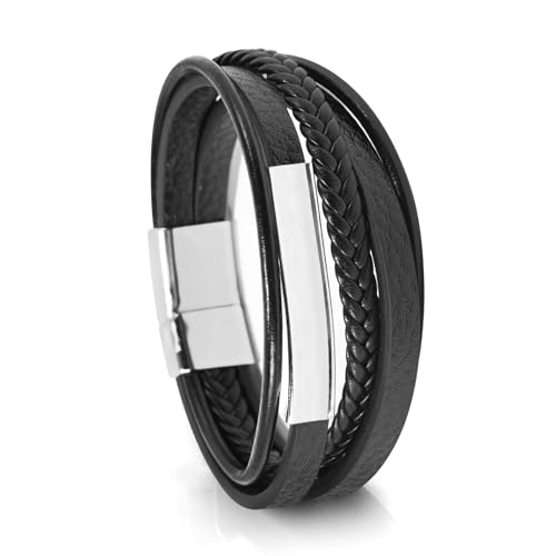 Leather Bracelet for Men Braided Stainless Steel Mens Bracelets - color: Silver
