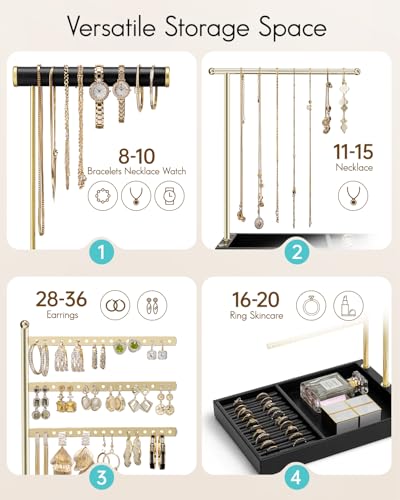 VLANDO Jewelry Stand Organizer with Ring Holder Tray, Necklace and Earring Storage for Bracelets, Watches and Rings, PU Leather Covered Wooden Tray with Gold Metal Frame - Black - color: Black